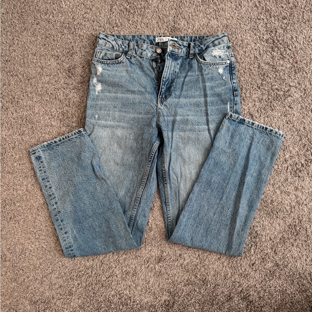 Zara, jeans, straight leg, denim, light washed, distressed, bleached, high waist